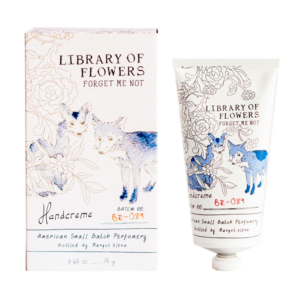 Hand cream and packaging with 'Library of Flowers' branding on a white background