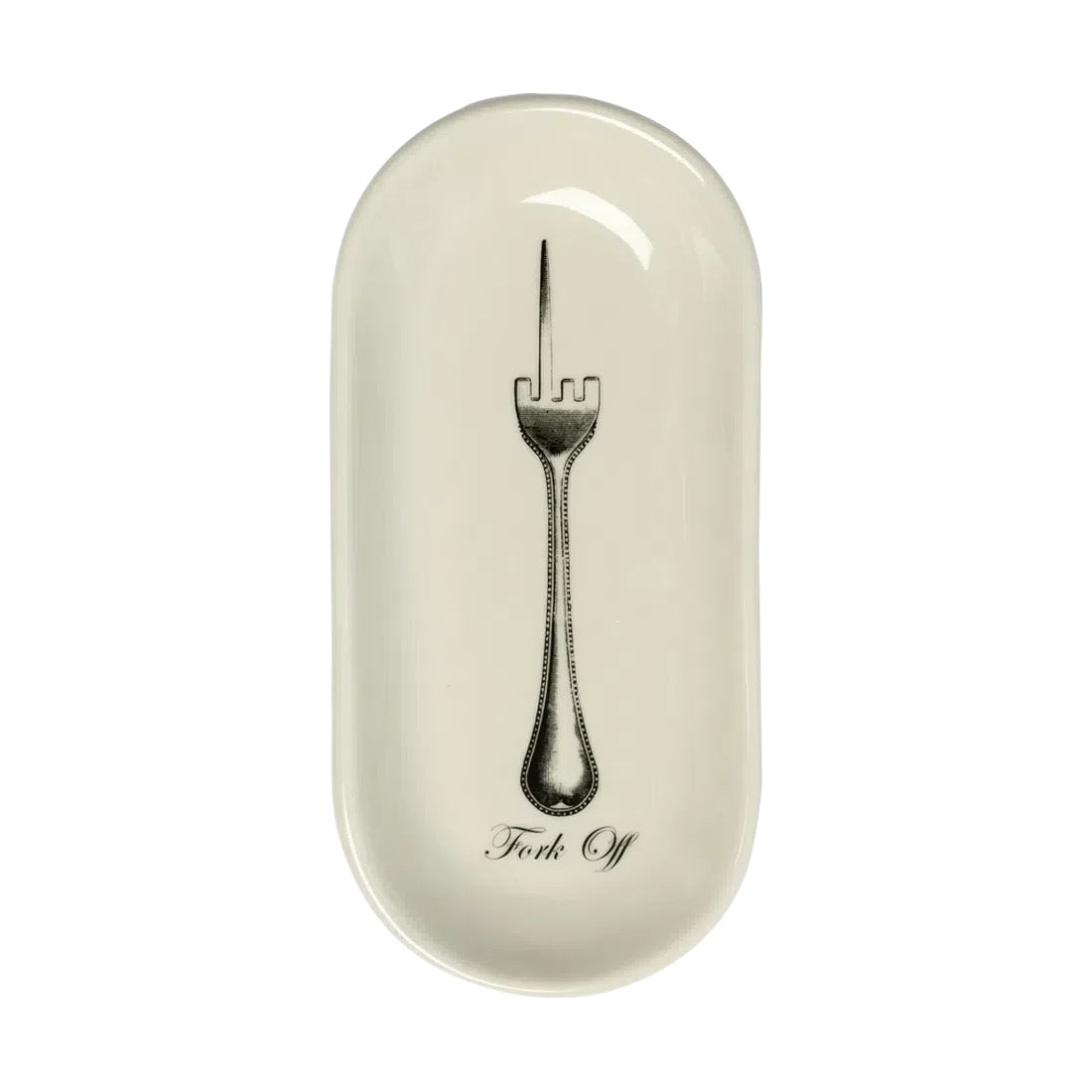 An oval ceramic serving piece in warm off-white with a black printed illustration of a fork and the words 'Fork Off' on a plain white background.
