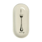 An oval ceramic serving piece in warm off-white with a black printed illustration of a fork and the words 'Fork Off' on a plain white background.