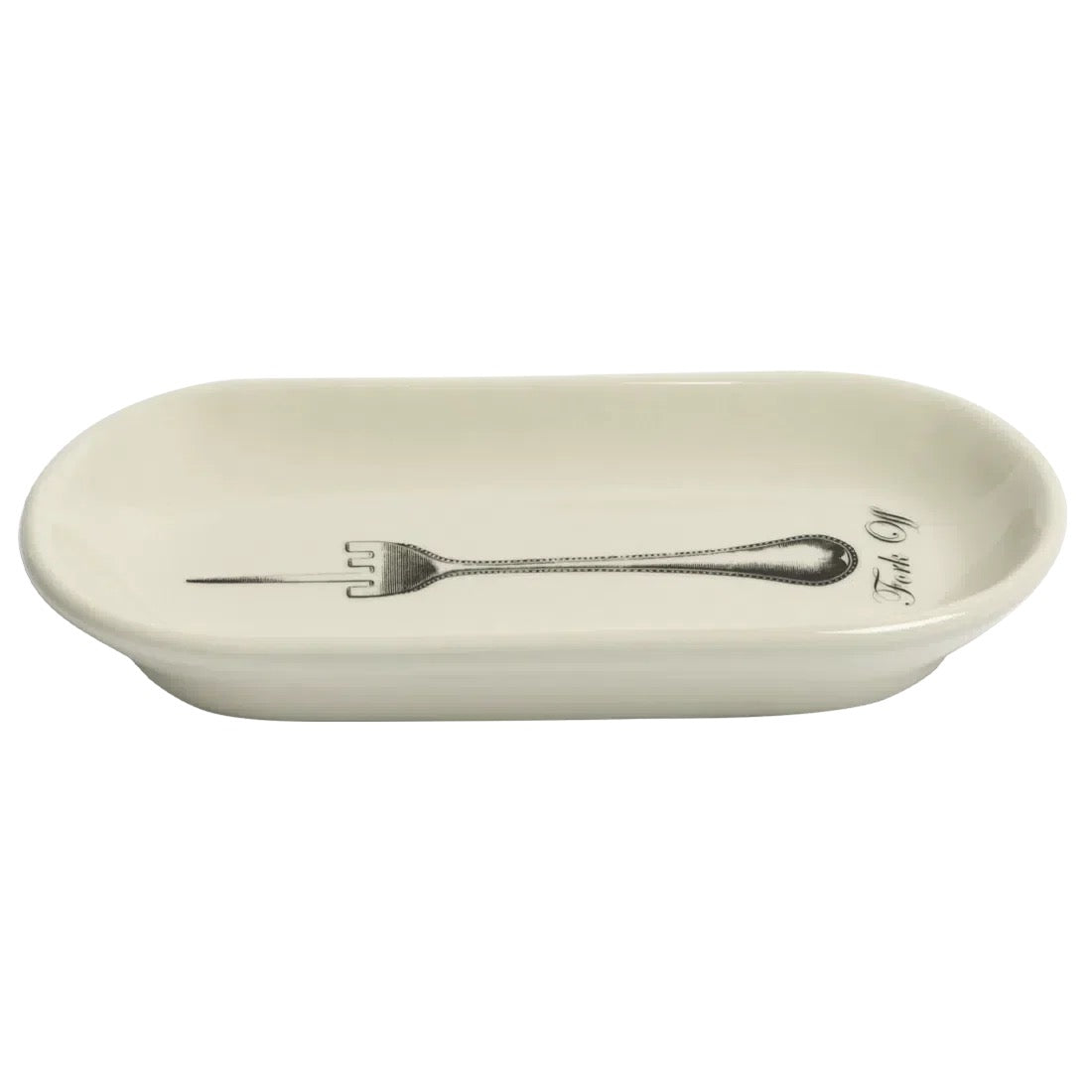 An oval ceramic serving dish in an off-white glaze, featuring a printed silver fork design and the text 'True to Life' on the right side.
