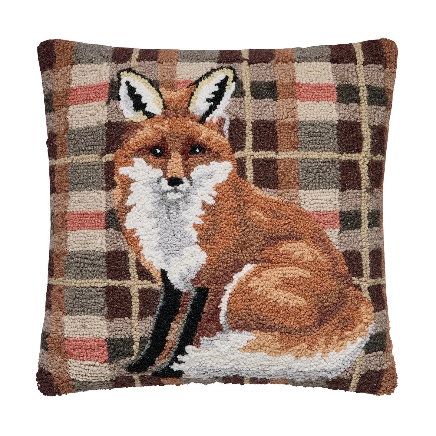 Pillow with a fox design on a plaid background
