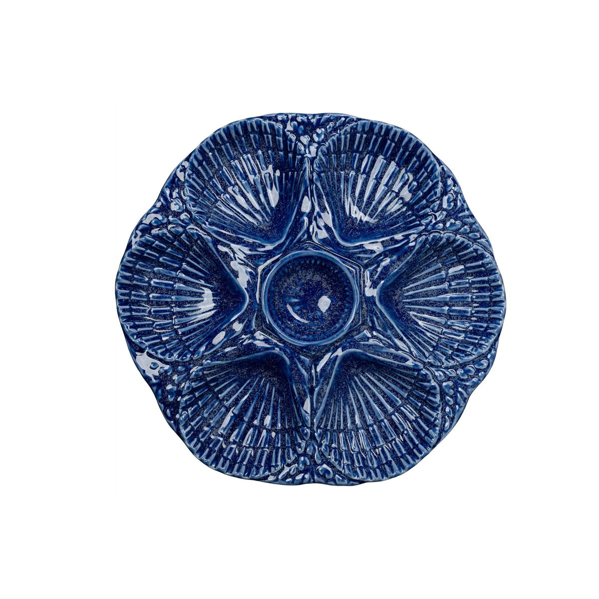 Blue ceramic plate with textured design on a white background