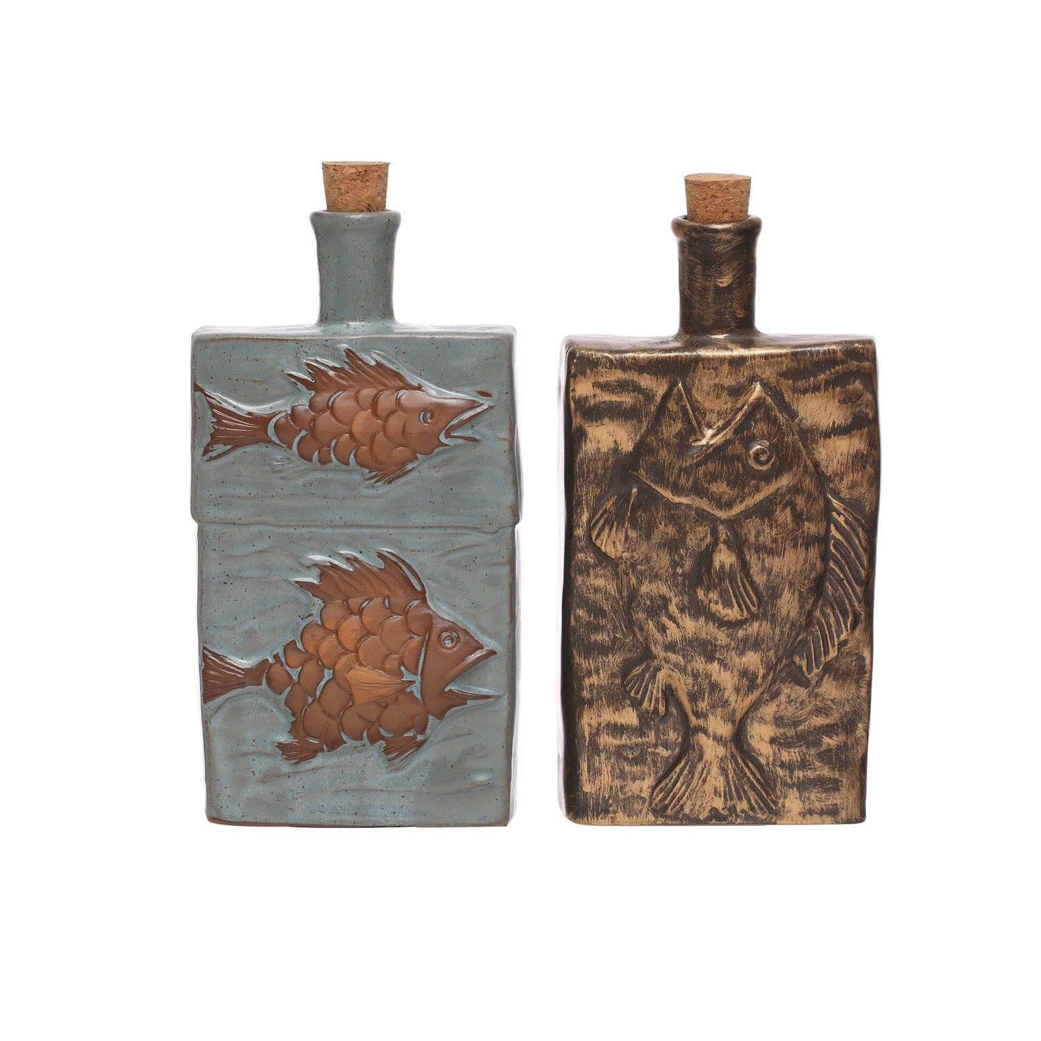 Two ceramic bottles with fish designs on a white background