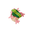 Toy resembling a seahorse with green top and pink body on a white background