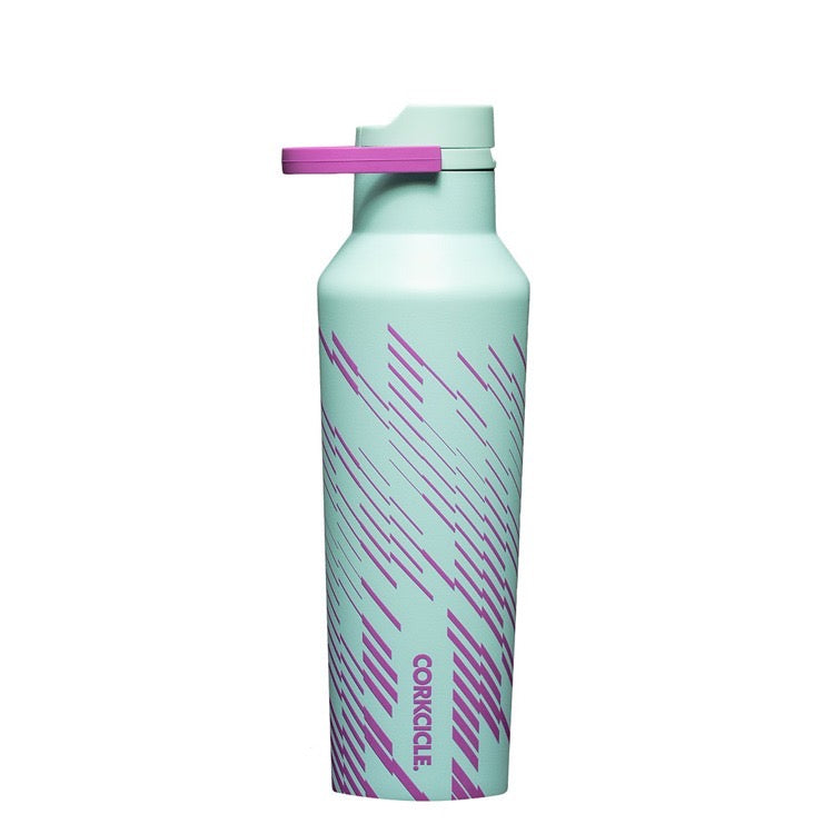 Light blue water bottle with purple accents on a white background
