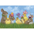 Group of Easter-themed animals with bunnies, chicks, and ducks in a grassy field with a blue sky.