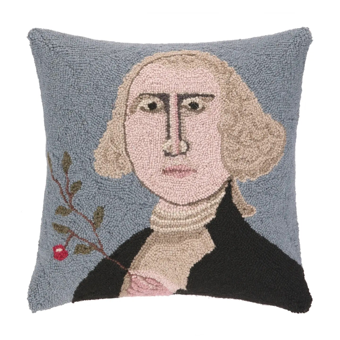 Decorative pillow with a portrait design on a light blue background