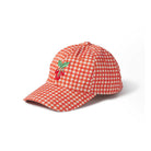 Red and white checkered cap with cherry design on a white background