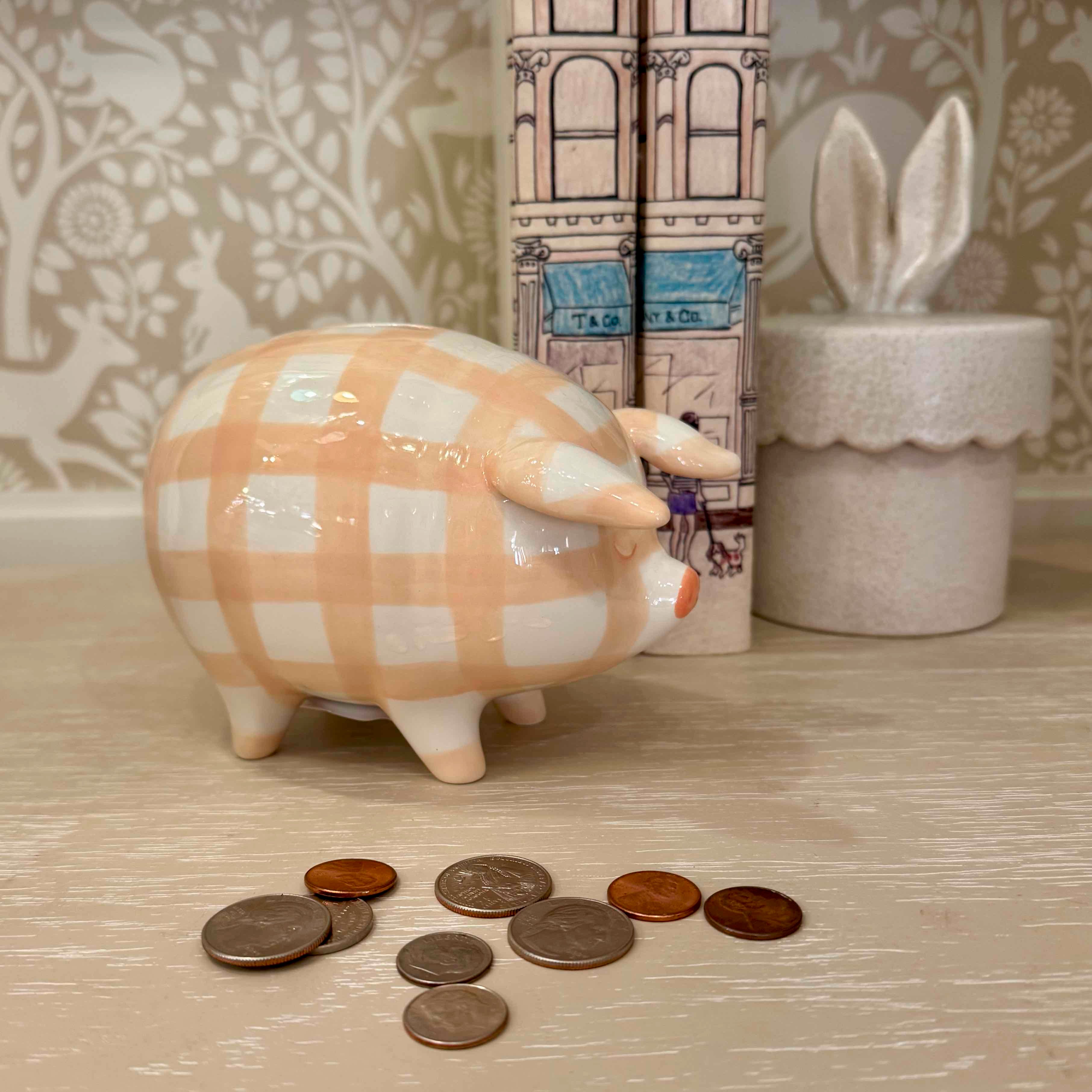 Checkered piggy bank with coins on a surface with books and a plant in the background