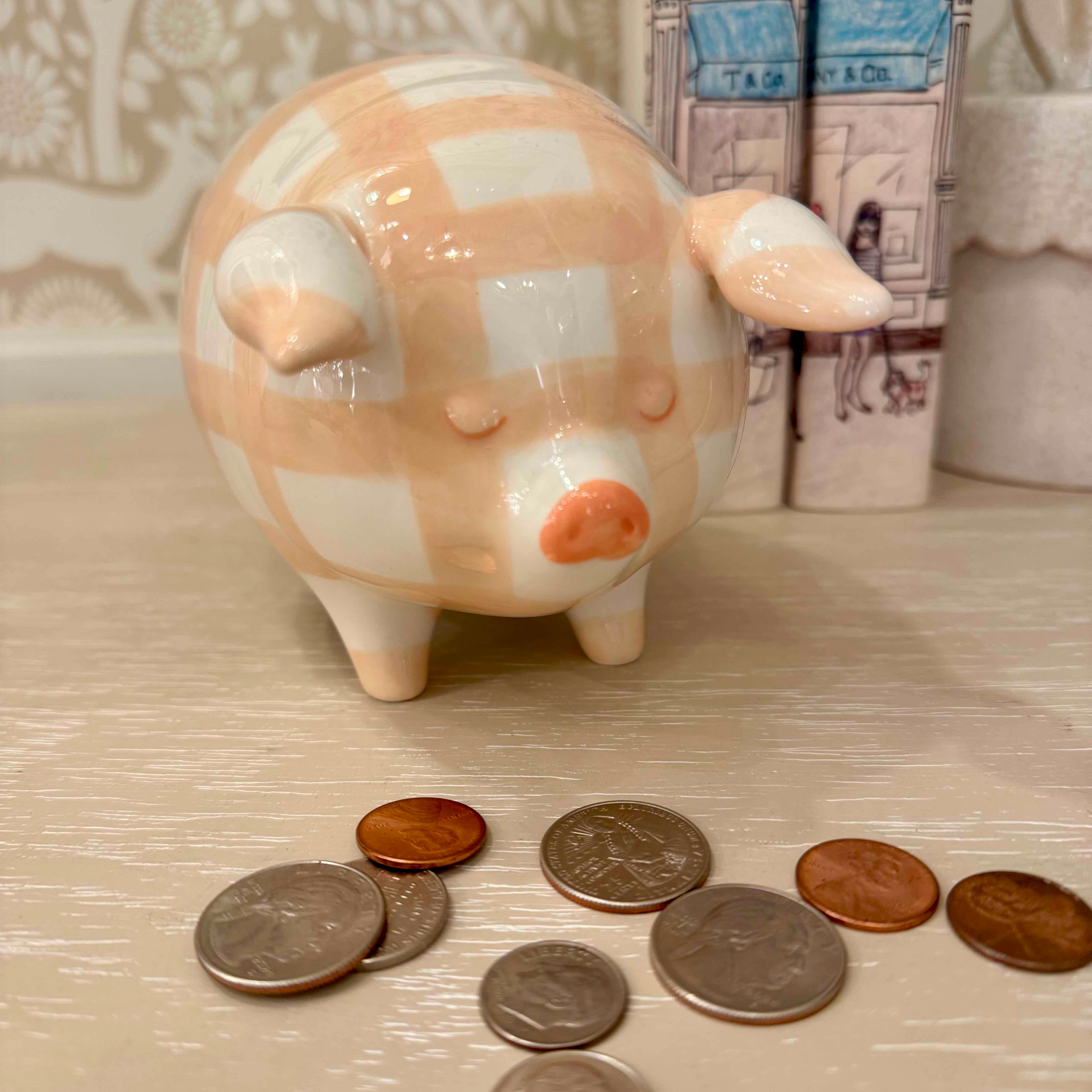 Piggy bank with coins on a textured surface