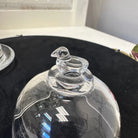 Clear glass dome with a bird-shaped finial on a black surface