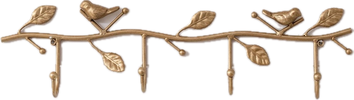 Decorative wall hook with birds and leaves in gold finish