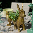 Gold rabbit-shaped planters on a table with decorative glasses and greenery.
