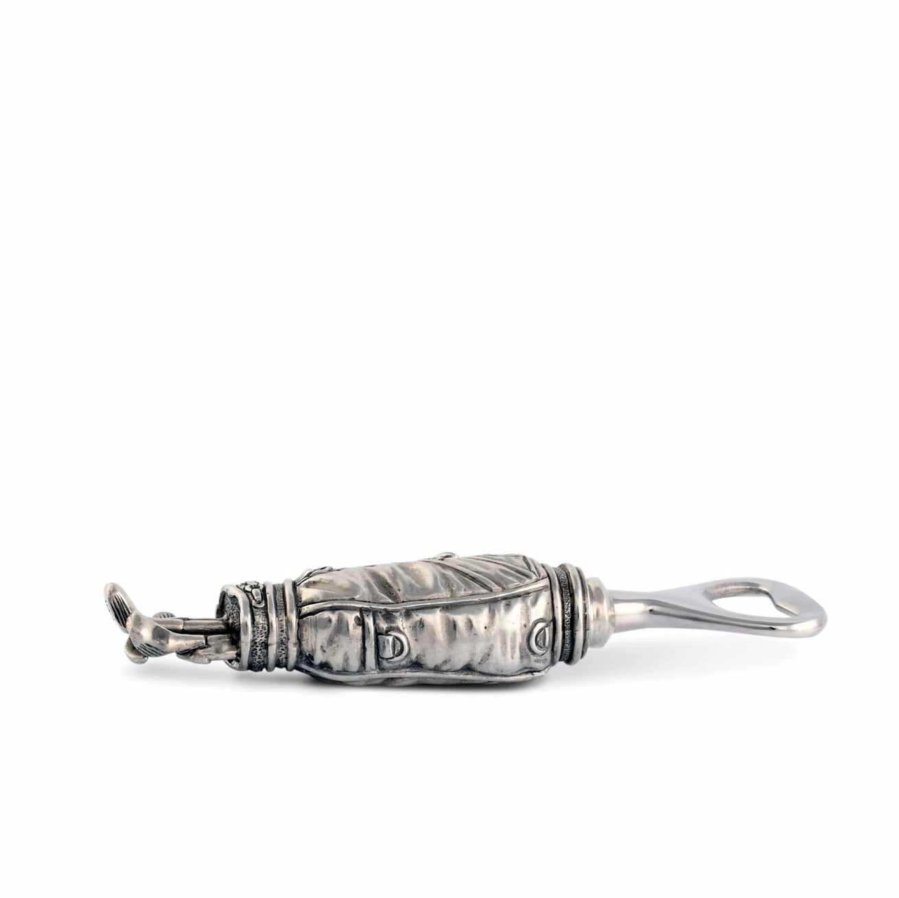 Silver bottle opener with decorative design on a white background