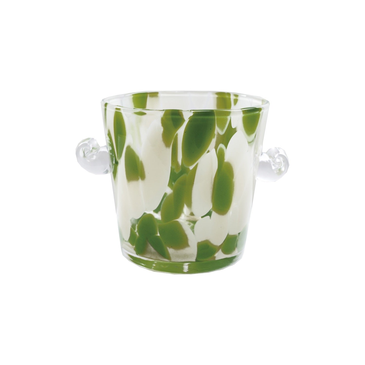 Clear glass ice bucket with green leaf pattern on a white background
