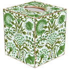 Tissue box cover with green floral pattern on a white background