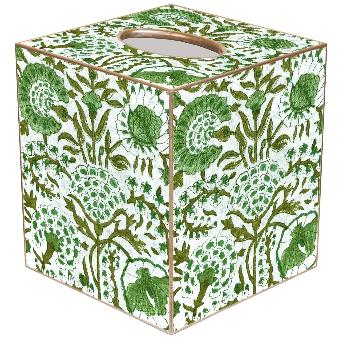 Tissue box cover with green floral pattern on a white background