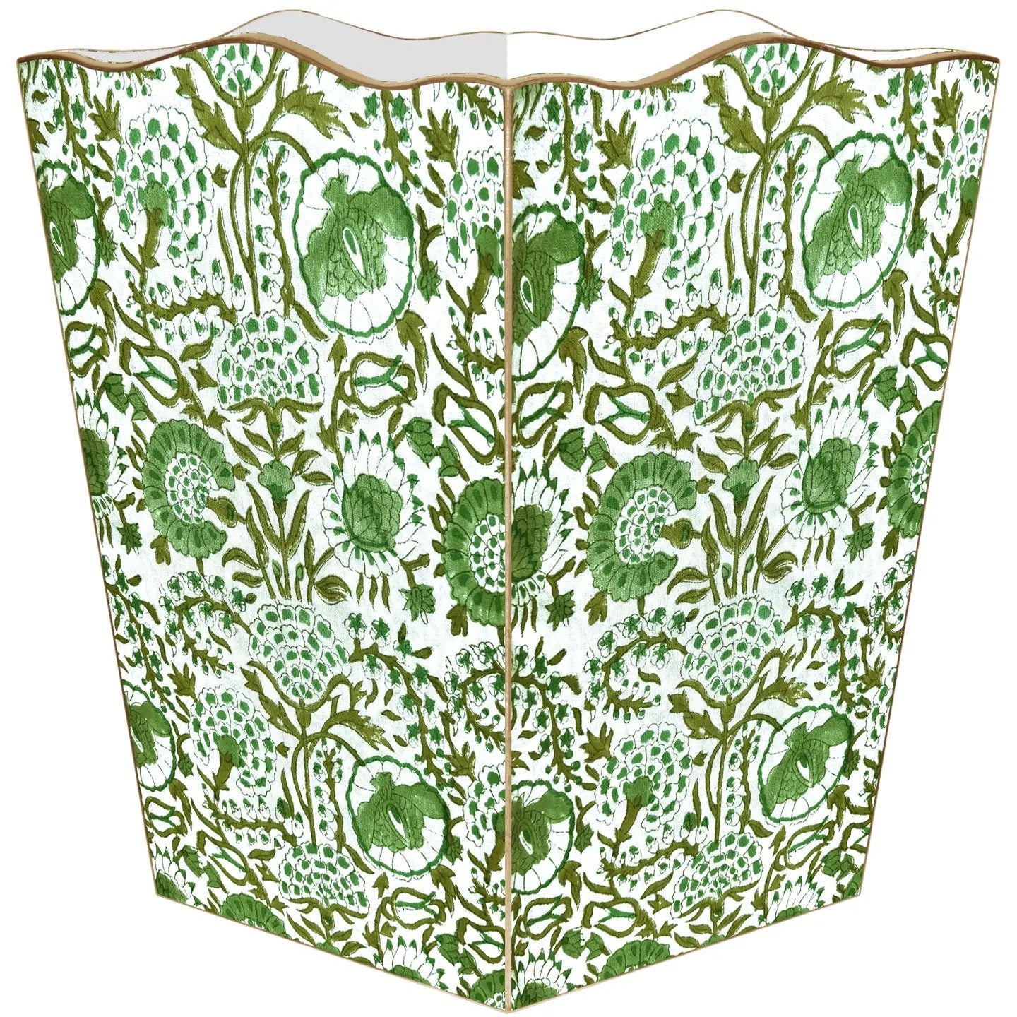 A three-panel folding screen or decorative wall panel featuring a green botanical and floral pattern on a white background, with a thin gold-toned edge trim.