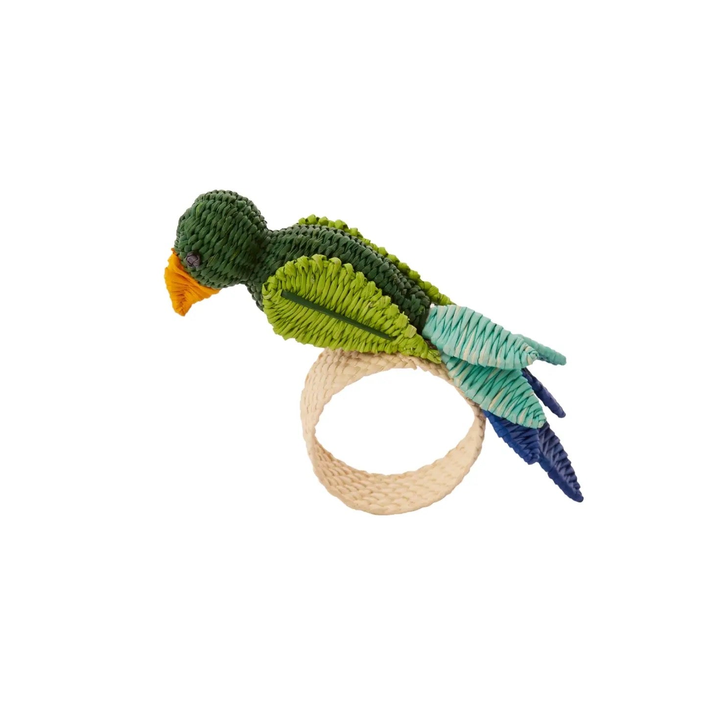 Knitted parrot-shaped toy with a ring on a white background