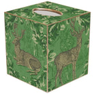 Green tissue box cover with deer design on a white background