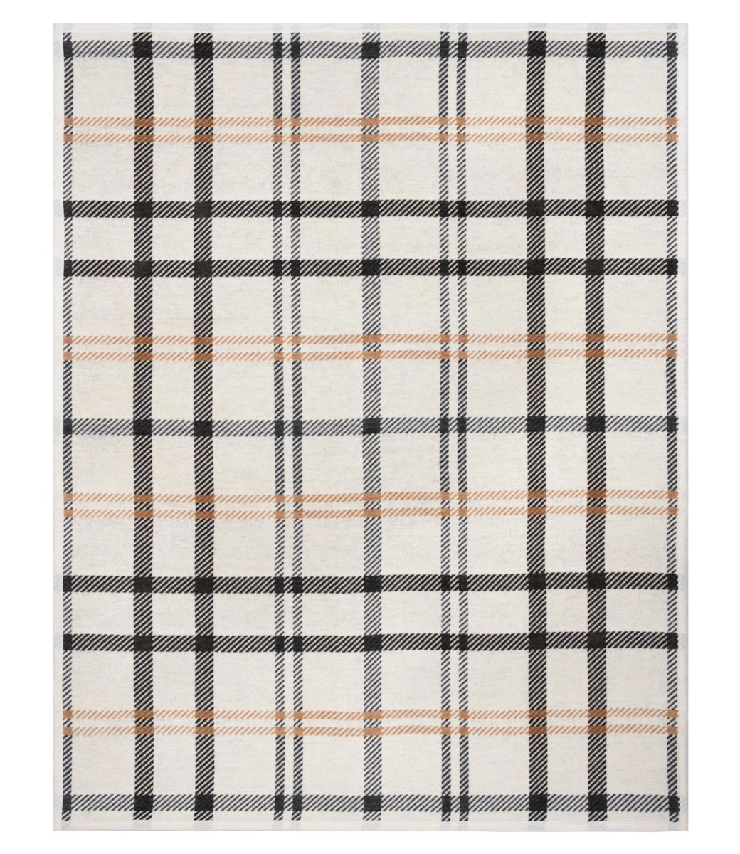 Plaid patterned rug with black and brown lines on a white background