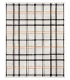 Plaid patterned rug with black and brown lines on a white background