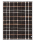 Plaid blanket with black, beige, and white pattern on a white background
