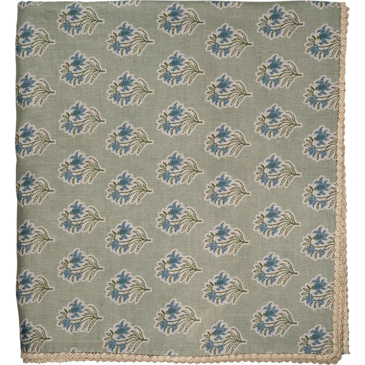 Fabric with blue floral pattern on a green background