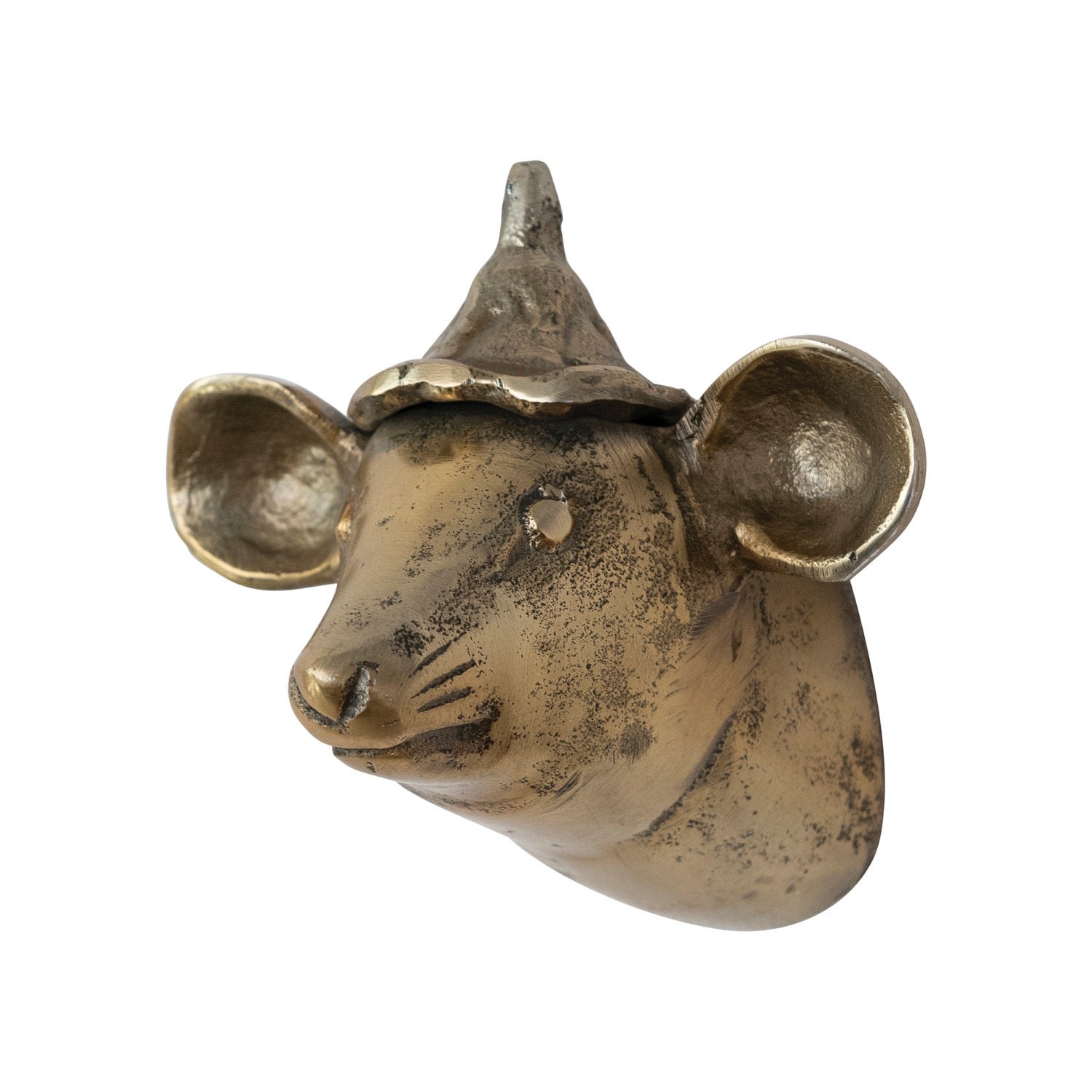 Bronze mouse head with a cone hat on a white background