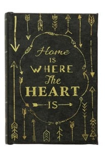 Decorative book with 'Home is where the heart is' text and arrow designs on a black background