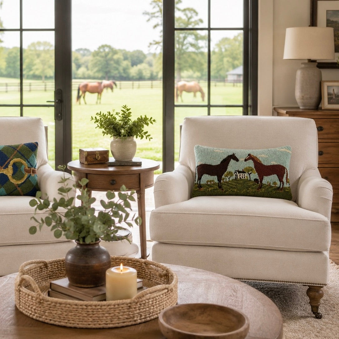 Horse Country Wool Hooked Pillow
