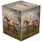 Tissue box cover with equestrian scene design on a white background