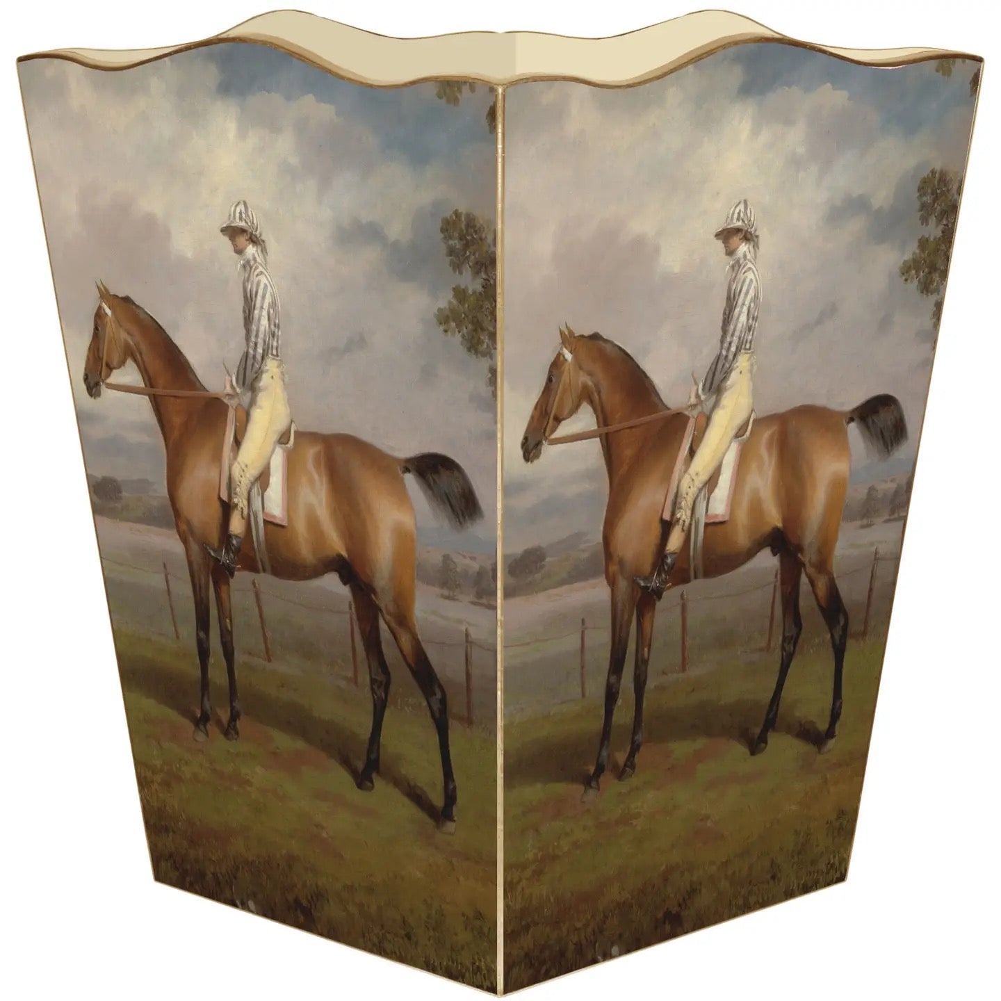 Decorative screen with a painting of two people on horseback in an outdoor setting.