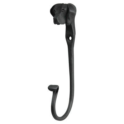 Black metal wall hook with dog head design on a white background