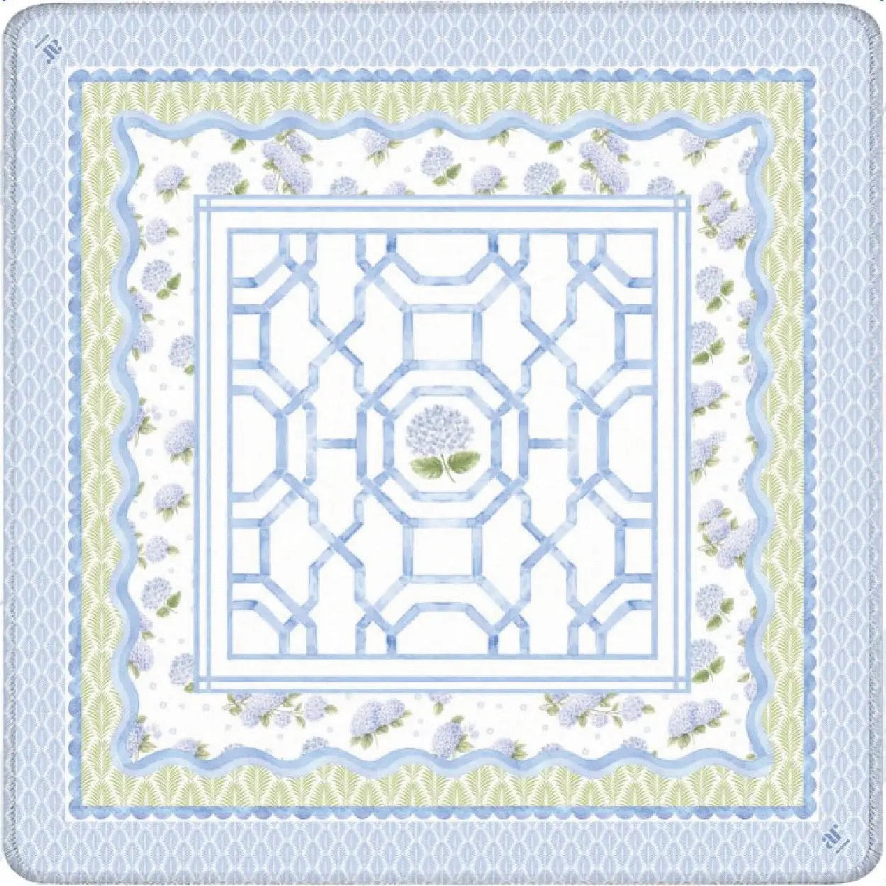 A square decorative textile or scarf with a layered geometric and floral pattern in light blue, white, pale yellow, and soft green, shown flat against a white background.