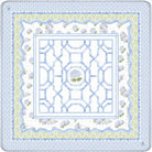 A square decorative textile or scarf with a layered geometric and floral pattern in light blue, white, pale yellow, and soft green, shown flat against a white background.
