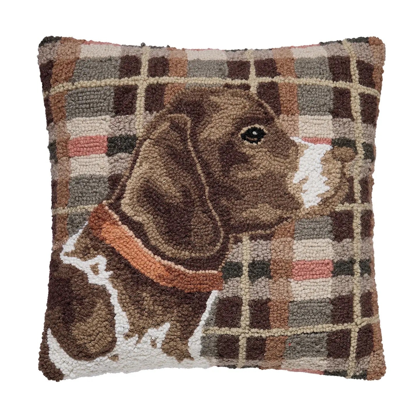 Decorative pillow with a plaid pattern and a dog design on a white background