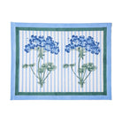Fabric with blue floral design on a striped background