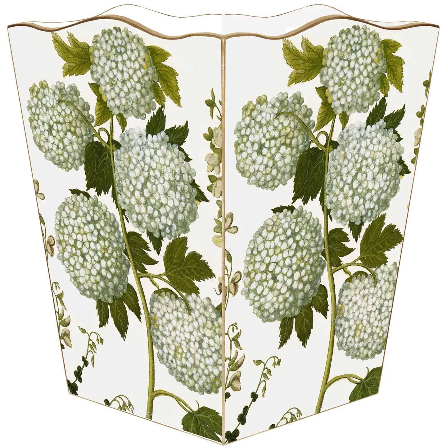 Decorative waste bin with floral design on a white background