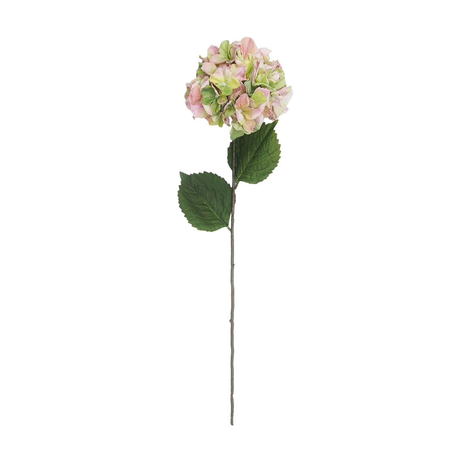 Artificial flower stem with pink and green flowers on a white background