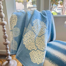 Blue and yellow patterned blanket draped over a chair near a window.