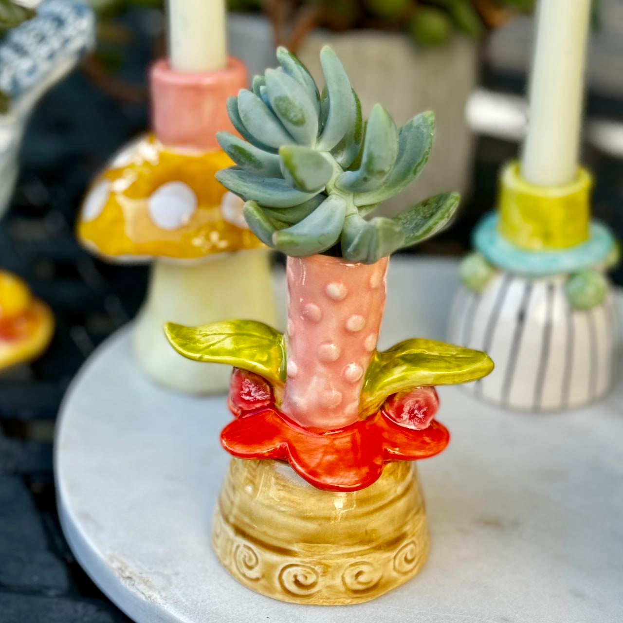 ペルシャ風　三彩　鳥型燭台　芳炎作　一念窯　陶器 キャンドルスタンド 日本 Whimsical Flower Stoneware Candleholder – Thomas Lee Living