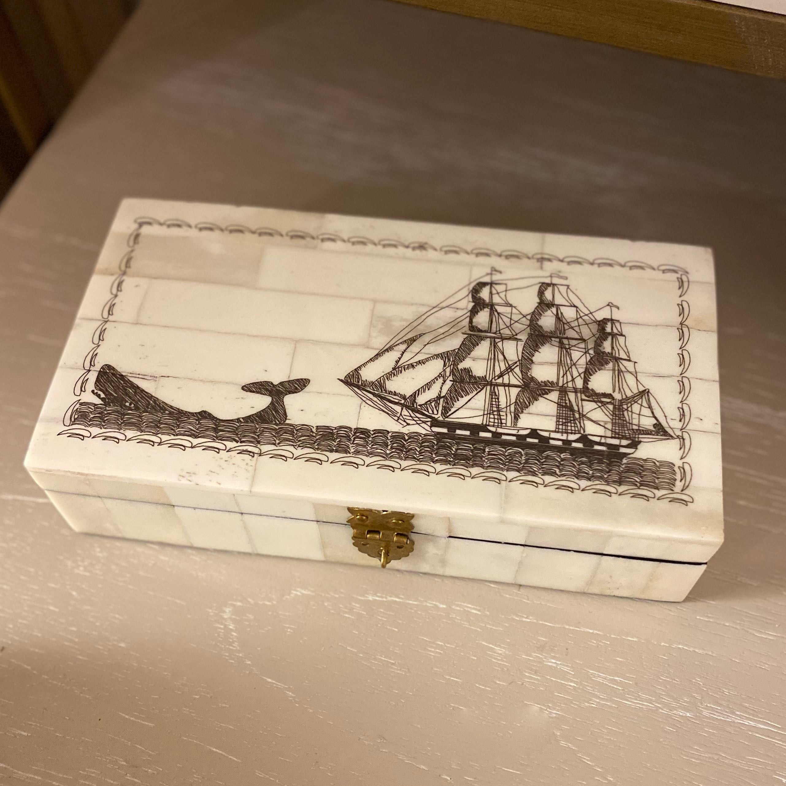 Whale Chase Scrimshaw Bone Box