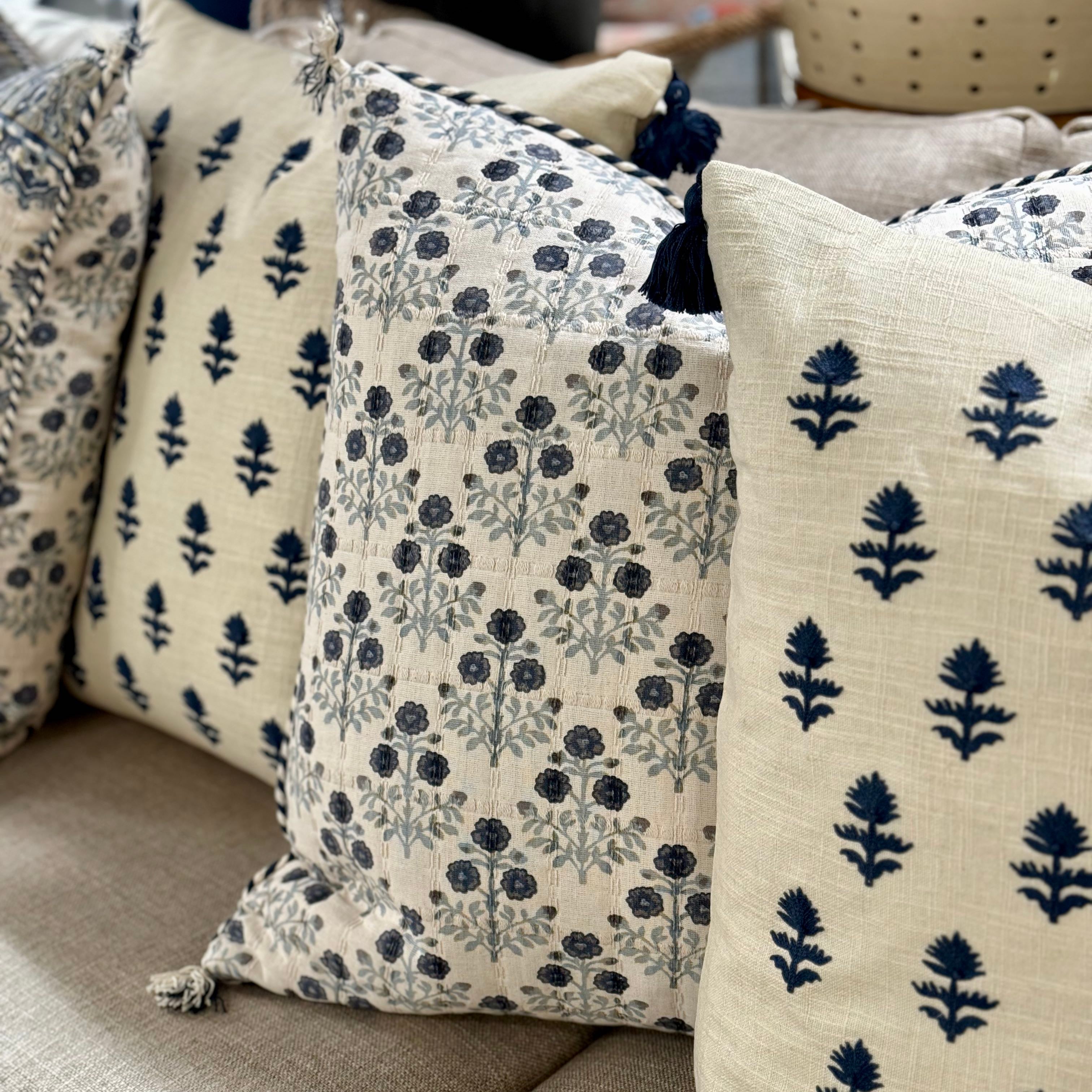 Navy Embroidered Flower Pillow