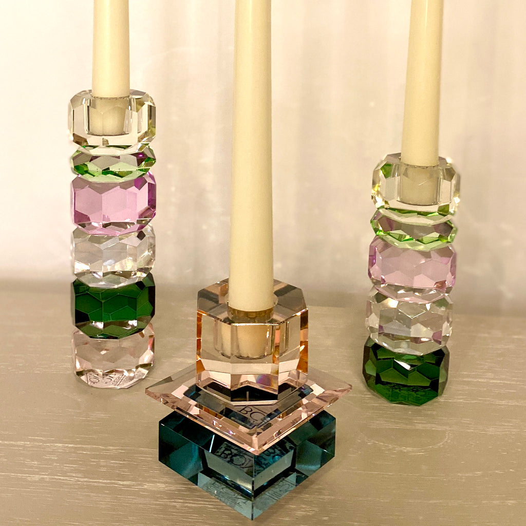 Cut Crystal Candelholder in Pink, Peach and Blue