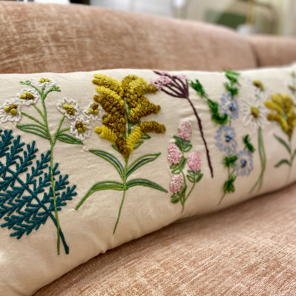 Embroidered Fern and Flowers Lumbar Pillow