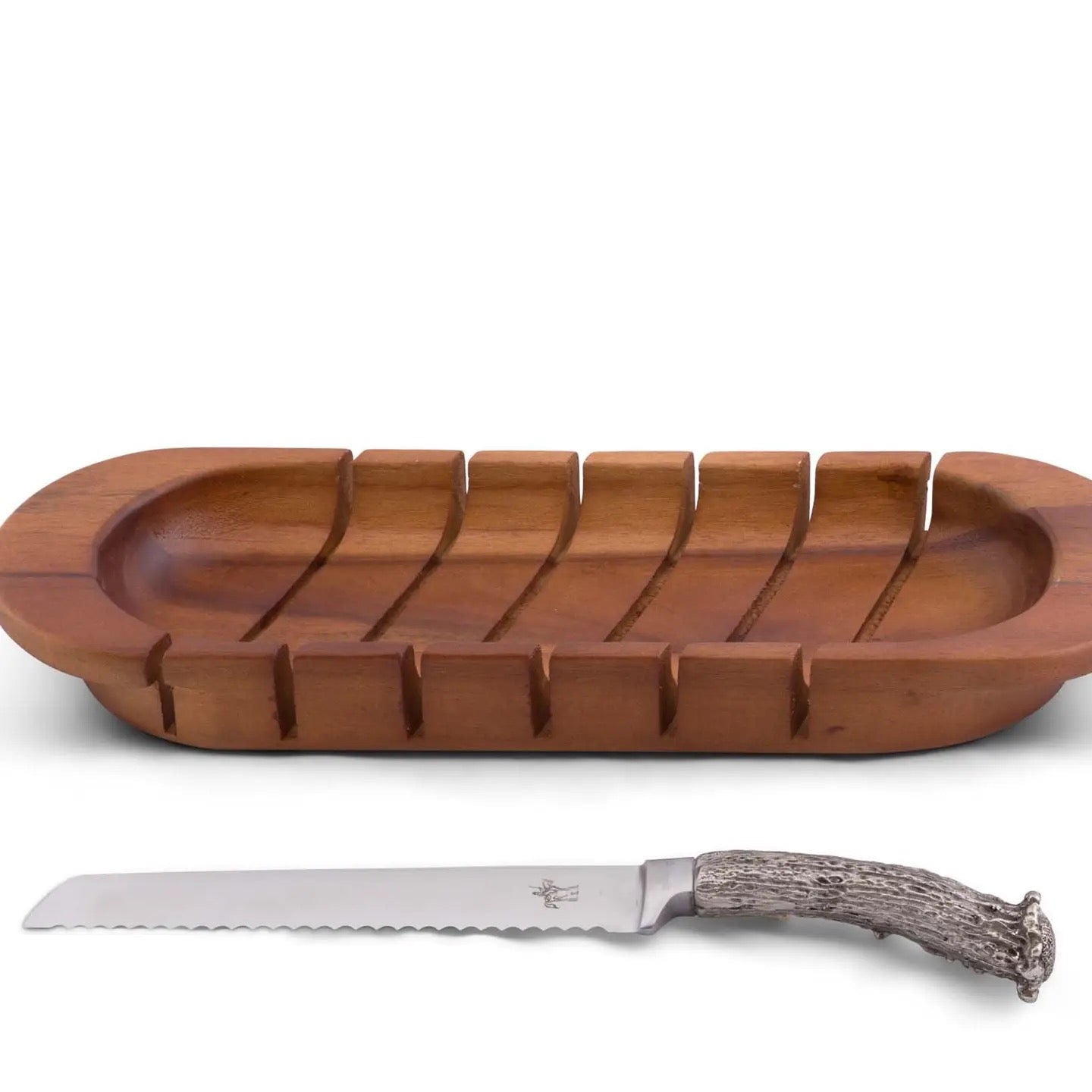 Wooden bread knife holder with a bread knife on a white background