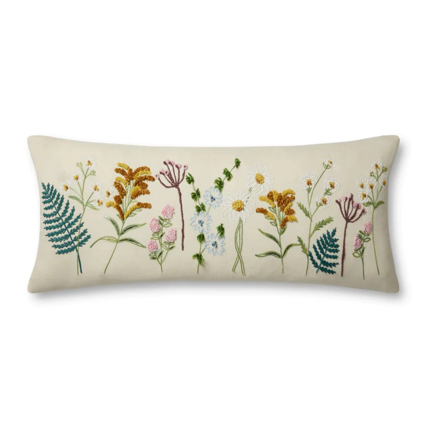Embroidered Fern and Flowers Lumbar Pillow