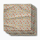 A stack of square paper napkins with a beige background, featuring a teal diamond grid pattern and small red and orange floral motifs.