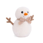 Small plush snowman with a brown bow tie on a white background
